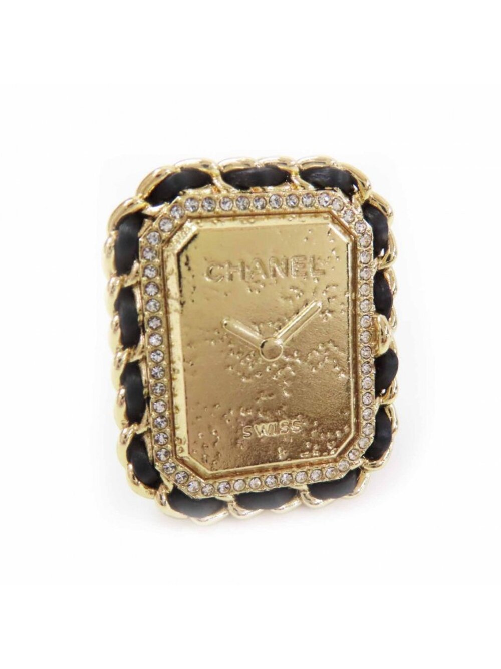 Chanel Premiere Watch Design CC Logo Rhinestone Decoration Ring Black Gold